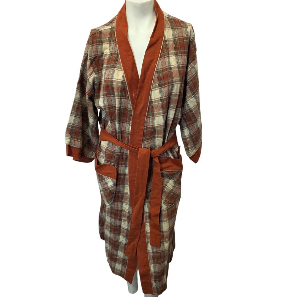 Vintage Pendleton Plaid Virgin Wool Robe Coat Belted USA‎ Brown Rustic M/L